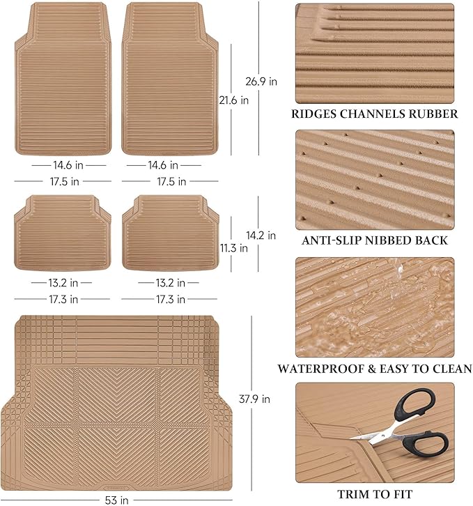 CAR PASS Tan Rubber Car Floor Mats & Cargo Liners, All Weather Car Mats & Trunk Mats,Waterproof Automotive Floor Mats Trim to Fit for Most Cars Sedans SUVs Vans, Durable Heavy Duty Anti-Slip,Beige