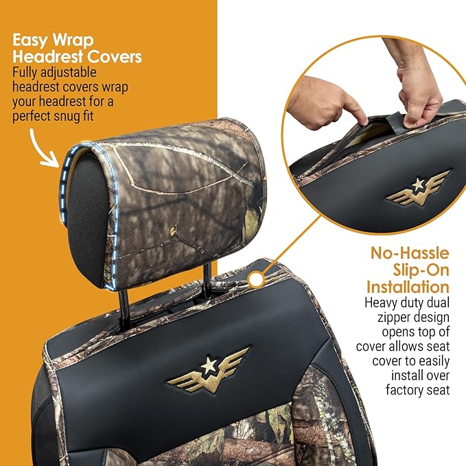 Mossy Oak Heavy Duty Premium Truck Seat Covers for Front Seats, Fits Full-Size Truck SUV, Padded Seat Cover with Bottom Wrap-around, Front & Rear Storage Pockets,Front Seat Protector, Waterproof, 2 pc