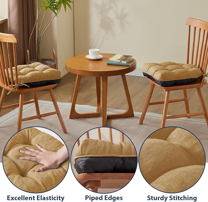 IASEAHK Chair Cushions for Dining Chairs, Seat Cushions for Kitchen Chairs, Indoor Seat Cushions with Ties, Tufted Foam Chair Pads, Non Slip Chair Cushions Set of 6, 15.5" x 15.5" x 4", Khaki