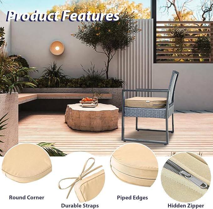 IPYNBAP Outdoor Chair Cushions Set of 4 -Waterproof Outdoor Seat Cushions for Patio Furniture, Patio Chair Cushion with Handle and Ties, Out Door Chair Pads,18.5x16x3-Round, Beige