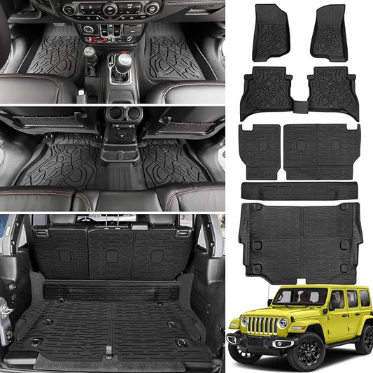Cargo Mats for 2021-2024 2025 Jeep Wrangler JL 4XE Only,Floor Liners with Trunk Mat Backrest Mat All Weather TPE Protector Rear Floor Trunk Liners for 21-25 Wrangler JL 4XE 4 Door Accessories