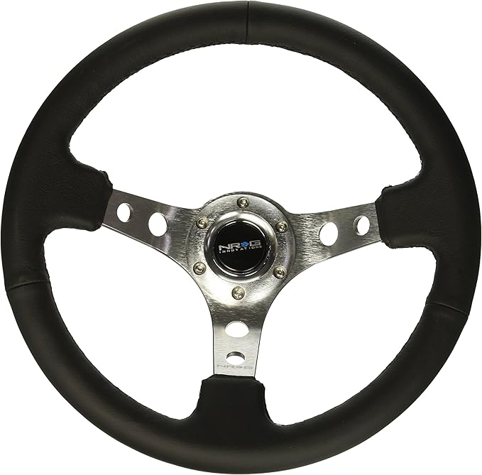 NRG Innovations NRG-RST-006SL Reinforced Steering Wheel 350mm Sport Steering Wheel (3" Deep), Silver Spoke with Round Holes, Black Leather