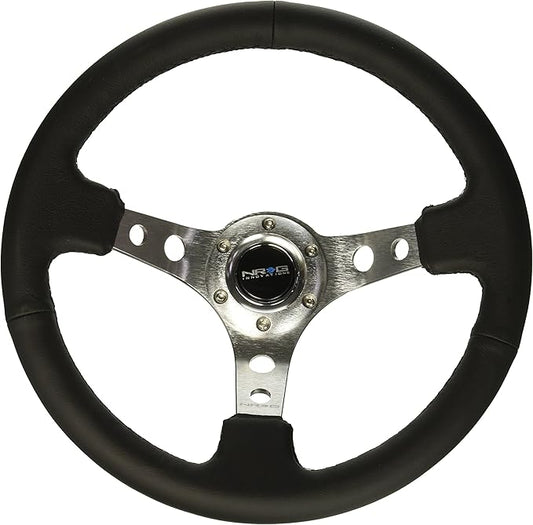 NRG Innovations NRG-RST-006SL Reinforced Steering Wheel 350mm Sport Steering Wheel (3" Deep), Silver Spoke with Round Holes, Black Leather