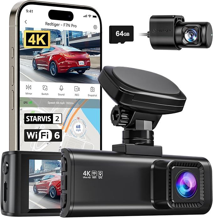 REDTIGER 4K Dash Cam Front and Rear, STARVIS 2 Sensor, 64GB Card Included, 4K/2.5K+1080P Dual Dash Camera for Cars Built-in WiFi GPS, 3.18 Inch IPS Screen, 170° Wide Angle, Parking Monitor (F7N Pro)