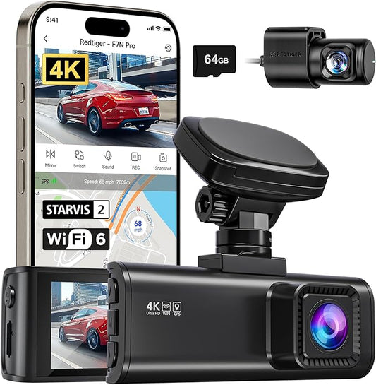 REDTIGER 4K Dash Cam Front and Rear, STARVIS 2 Sensor, 64GB Card Included, 4K/2.5K+1080P Dual Dash Camera for Cars Built-in WiFi GPS, 3.18 Inch IPS Screen, 170° Wide Angle, Parking Monitor (F7N Pro)