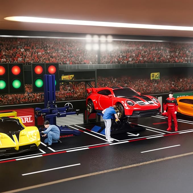 Display Case for Hot Wheels: Toy Car Garage with LED Lights, Freestanding Parking Garage Diorama for 1/64 Diecast Cars, 4-Level Storage Rack with 40 Spots – Cars Not Included