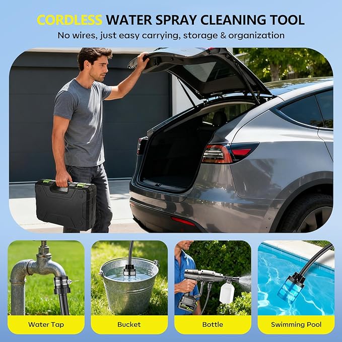 YKYI Cordless Water Spray Cleaning Tool, Battery Powered with 30 Speed Levels, Handheld Portable Sprayer with 6-in-1 Nozzle, 24FT High-Elastic Hose for Car, Garden, Patio Cleaning (Silver Gray)