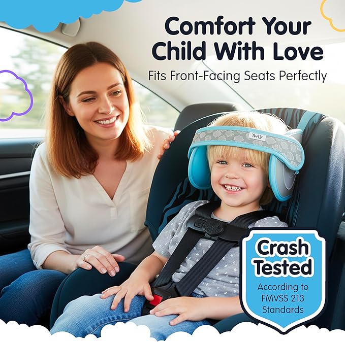 NapUp Adjustable Head Support for Car Seat – Patented & Crash-Tested Anti-Bobbing Head Holder Strap, Comfortable Sleep Solution - Breathable Fabric, Kids Travel Accessories - Ages 2+ - Light Blue