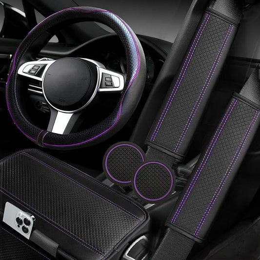 NBTEPEM 6 PCS Car Steering Wheel Cover Set, Microfiber Leather Steering Wheel Covers Universal 14.5-15 inch, Center Console Cover, Seat Belt Cushion, Cup Holder Coaster, Car Accessories Set Purple