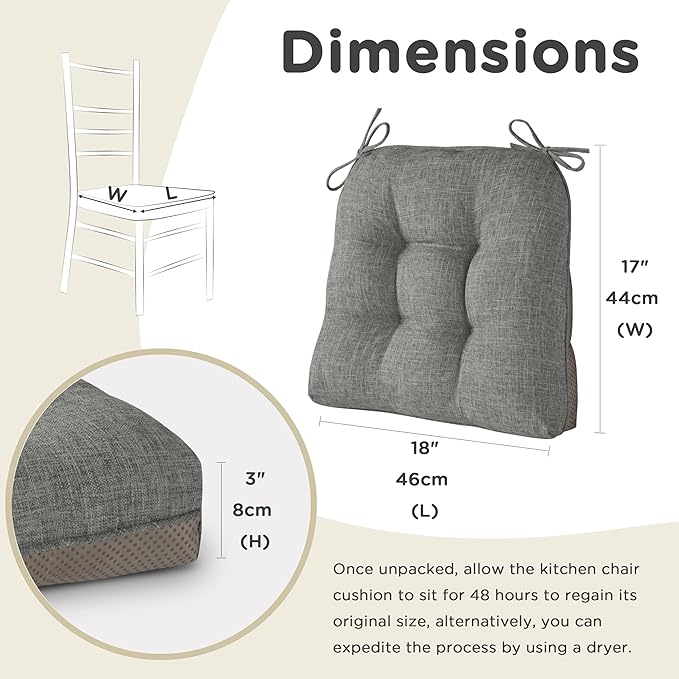 AddGrace Chair Cushions for Dining Chairs Set of 4 Kitchen Seat Cushions with Ties and Non Slip Backing Tufted Indoor Seat Pad for Kitchen Dining Room 18" x 17" x 3" Light Grey