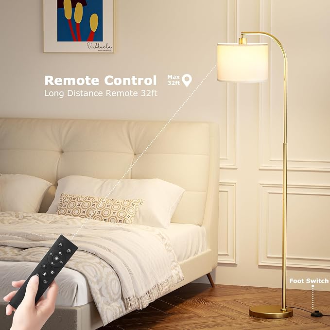 Ambimall Arc Floor Lamp with Remote and Stepless Dimmable Bulb, Colors Temperature & Brightness Adjustable, Floor Lamps for Living Room（White Shade & Gold Pole）