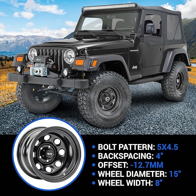 TACTIK Circle 8 Classic 15 Inch Steel Wheel, Black - 15x8, 5x4.5 / 5x114.3 Bolt Pattern (-12.7mm Offset), 4" Backspace - Fits Jeep 1984-2006 Wrangler Wagoneer Comanche Grand Cherokee TJ YJ MJ ZJ XJ LJ