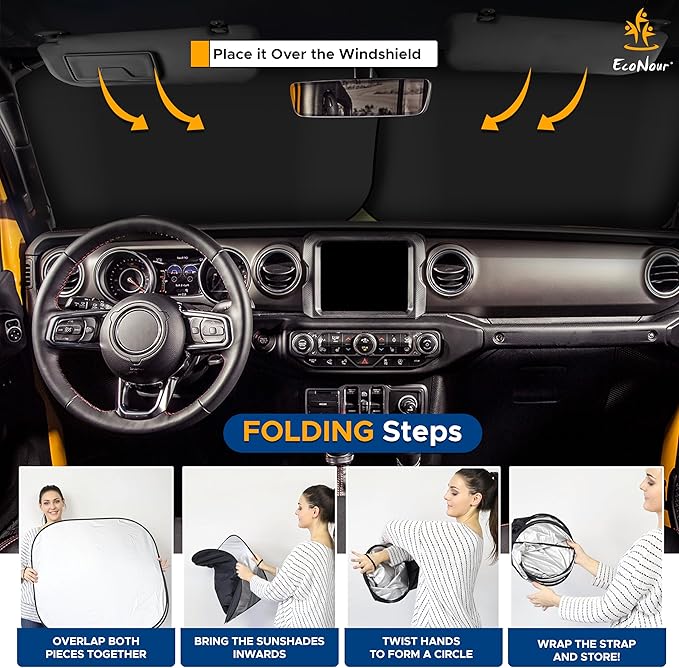 EcoNour 2-Piece Jeep Sunshade for Windshield Compatible with Wrangler JL JLU 2018–2025 & Gladiator 2020–2026, Foldable Sun Shade UV Block Heat Shield, Keeps Interior Cool, Upgraded Fit – (26"L x 18"W)