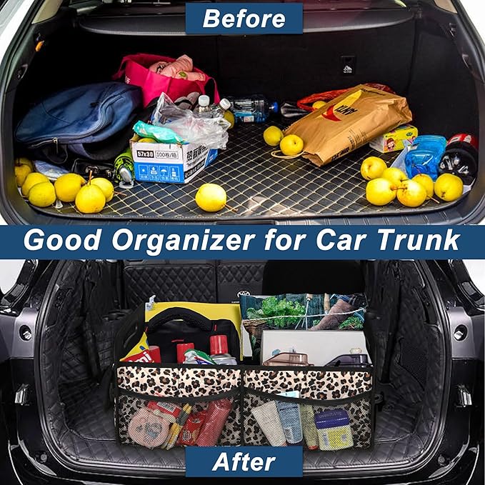 Deosk Trunk Organizer and Storage with 6 Big Pocket,Car Accessories for Women/Men 50L Waterproof Polyester Trunk Organzier for Car/SUV/Minivan/Truck(Medium,Leopard print)