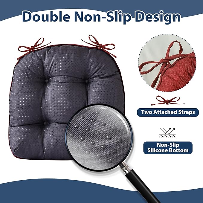 IASEAHK Chair Cushions for Dining Chairs, Seat Cushions for Kitchen Chairs, Indoor Seat Cushions with Ties, Tufted Foam Chair Pads, Non Slip Chair Cushions Set of 6, 15.5" x 15.5" x 4", Red