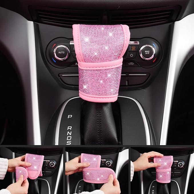 CAR PASS 11 PCS Bling Car Accessories Set for Women, Sparkly Rhinestone Diamond Steering Wheel Cover, Bling Seat Belt Cushion, Shift Knob Cover, Push Start Button Ring, Car Cup Holder Coaster, Pink