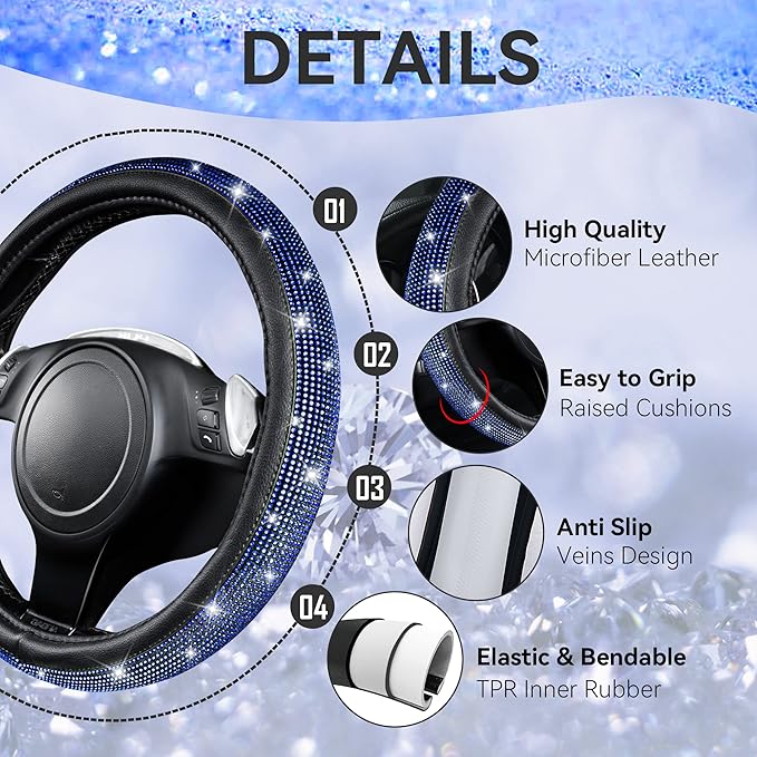 CAR PASS 11 PCS Bling Diamond Car Accessories for Women, Sparkly Rhinestone Steering Wheel Cover, Bling Seat Belt Cushion, Glitter Shift Knob Cover, Car Cup Holder Coaster, Cute Interior Sets Blue