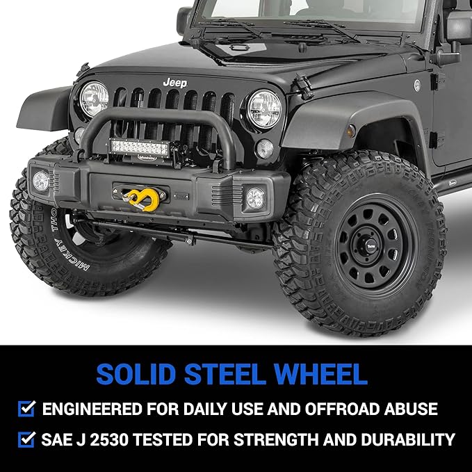TACTIK D Window Classic 17 Inch Solid Steel Wheel - 5x5 Bolt Pattern, 17x9 (-6.35mm Offset), 4.75 Inch Backspace - Satin Black Finish - Fits Jeep Wrangler JK 2007-2022, JL and 2020 Jeep Gladiator JT