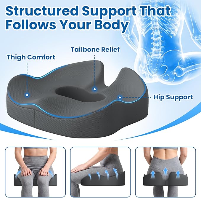SweetSlubr Large Donut Pillow Seat Cushion for Hemorrhoid Discomfort&Tailbone Pressure, Office Chair Cushion for Long Sitting, Ergonomic Coccyx Pillow for Postpartum Pregnancy, (Grey, X-Large)