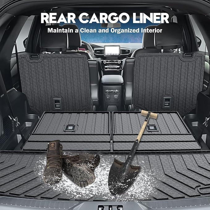 KUST Trunk Cargo Mat for Ford Explorer 2020-2025 2026 (6 Seats), TPE Rubber Rear Cargo Liner with 2nd/3rd Row Backrest Mat for Explorer Accessories All Weather Back Seat Protector Cover