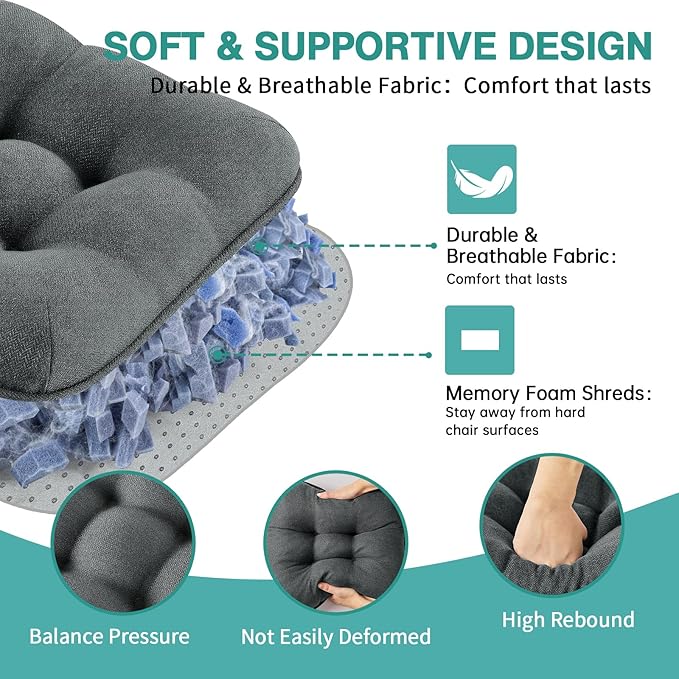 BETU Chair Cushions for Dining Chairs Set of 6,3.5" Thick Kitchen Table Chair Pads with Ties,Non Slip Backing and Covers, Seat Cushion for Dining Room,Bar,Patio Chairs,15.5"X15.5"X3.5",Dark Grey