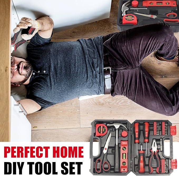 SPICIMOMO Basic Home Red Tool Kit - 38 Pieces Tool Set with Portable Storage Boxes for Daily Repairing and Maintenance, Home DIY Tool Kit Set for Office & Garage