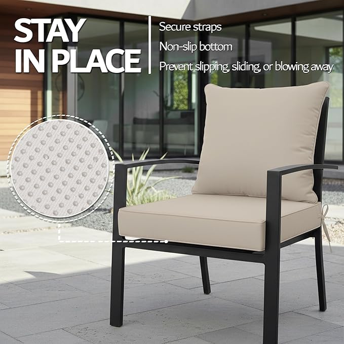 24x24 Inch Outdoor Chair Cushions Set of 2, Patio Furniture Cushions - Removable Cover, Water-Repellent, Fade-Resistant, Non-Slip Bottom & Straps, Replacement for Deep Seat Sofa & Couch - Cream