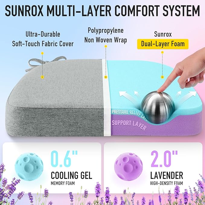 SUNROX Cooling Gel Memory Foam Chair Cushions, 2.6" Thick U-Shaped Dual-Layer Comfort Dining Chair Pads, Non Slip Seat Cushion with Ties for Indoor Kitchen Office 17"x16" Set of 4, Heather Grey