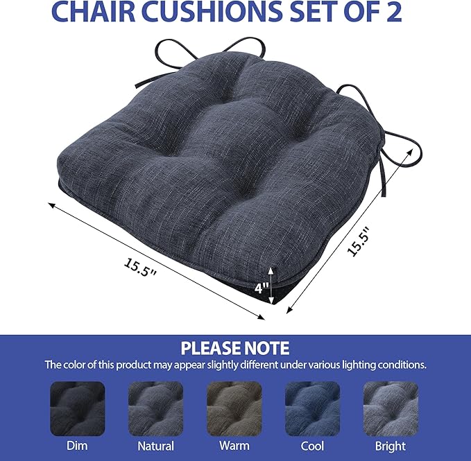 IPYNBAP Chair Cushions for Dining Chairs Set of 2, Kitchen Chair Cushions, Chair Pads with Ties and Non Slip Backing, Tufted Memory Foam Seat Cushion 2 Pack, 15.5" x 15.5" x 4", Navy Blue
