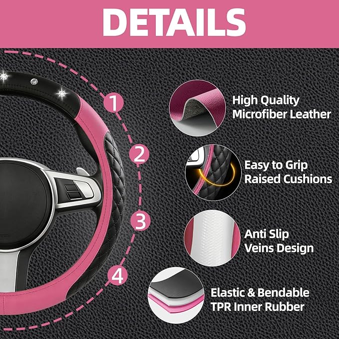 NBTEPEM 6 PCS Bling Car Accessories Set, Leather Steering Wheel Covers Universal 14.5-15 inch, Center Console Cover, Seat Belt Cushion, Cup Holder Coaster (Pink)