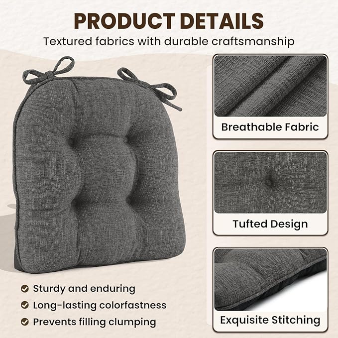 downluxe Indoor Chair Cushions for Dining Chairs, Tufted Overstuffed Textured Foam Kitchen Chair Pads with Ties and Non-Slip Backing, 15.5" x 15.5" x 4", Dark Grey, 4 Pack