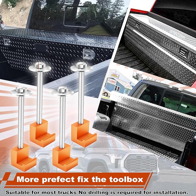 Upgraded Truck Tool Box Mounting Kit Comes with Fastening Nuts - Aluminum Pickup Truck Bed Toolbox Mounting Kit - Universal Truck Tool Box Tie Downs Accessories - J-Hooks Crossover Fixed Kit - Orange