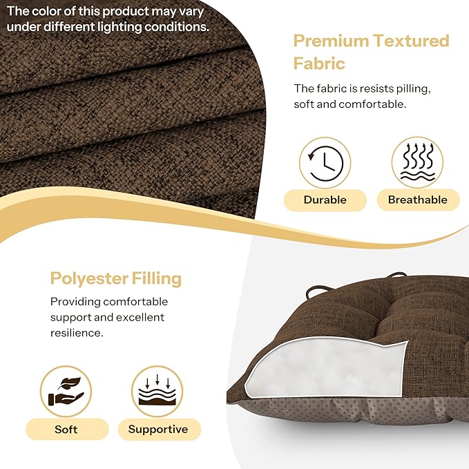 Chair Cushions for Dining Chairs Set of 4 Durable D-Shaped Seat Cushions with Non-Slip Backing Secure Ties Thick Cozy Seat Pad for Kitchen Dining Room Office(18x16.5x3in Coffee)