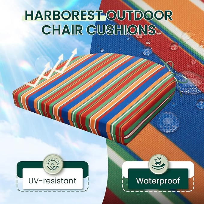 HARBOREST Outdoor Chair Cushions Set of 2, Water Resistant Patio Chair Cushions with Ties, Outdoor Seat Cushions for Patio Furniture, 17"x16"x2", Rainbow Stripes