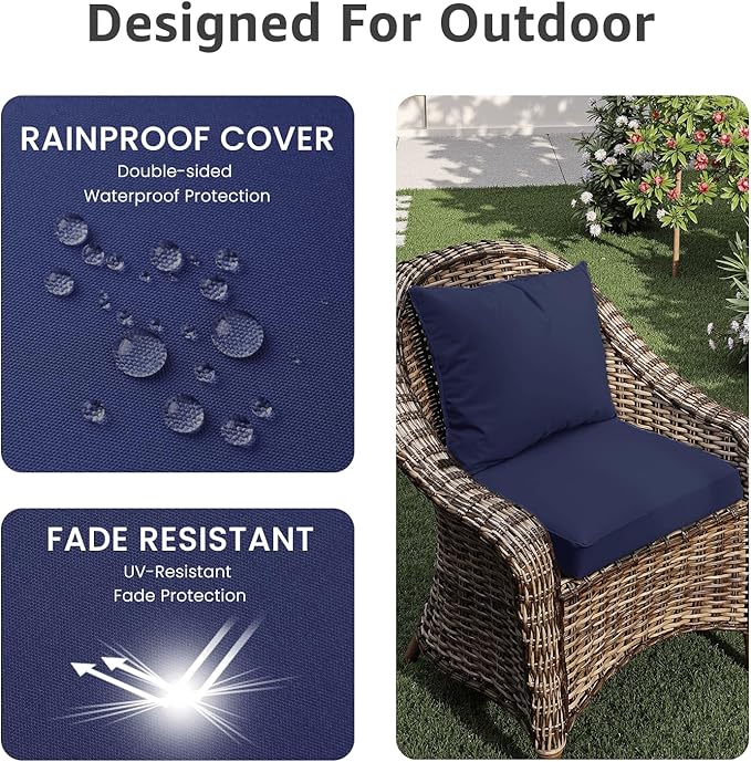 PatioGlow Outdoor Chair Cushions 24 x 24 x 4 Inch, Waterproof & Fade Resistant Patio Seat Cushion for Furniture with Handle and Ties, Thick Seating Pads for Outside Sofa Couch Set of 2, Dark Blue
