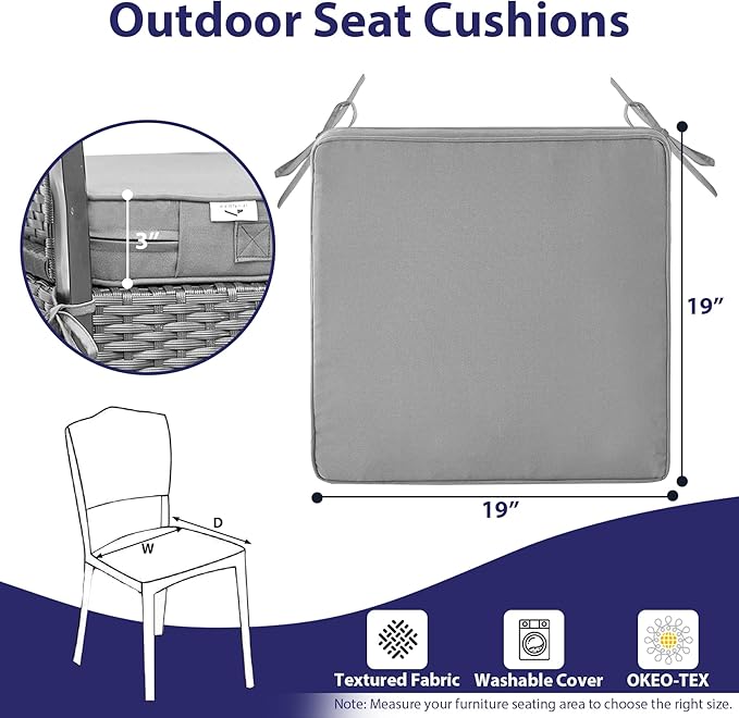 IPYNBAP Outdoor Chair Cushions Set of 4 -Waterproof Outdoor Seat Cushions for Patio Furniture, Patio Chair Cushion with Handle and Ties, Out Door Chair Pads,19x19x3-Square, Grey