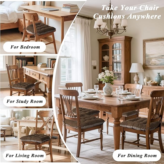Chair Cushions for Dining Chairs Set of 4 Durable D-Shaped Seat Cushions with Non-Slip Backing Secure Ties Thick Cozy Seat Pad for Kitchen Dining Room Office(18x16.5x3in Coffee)