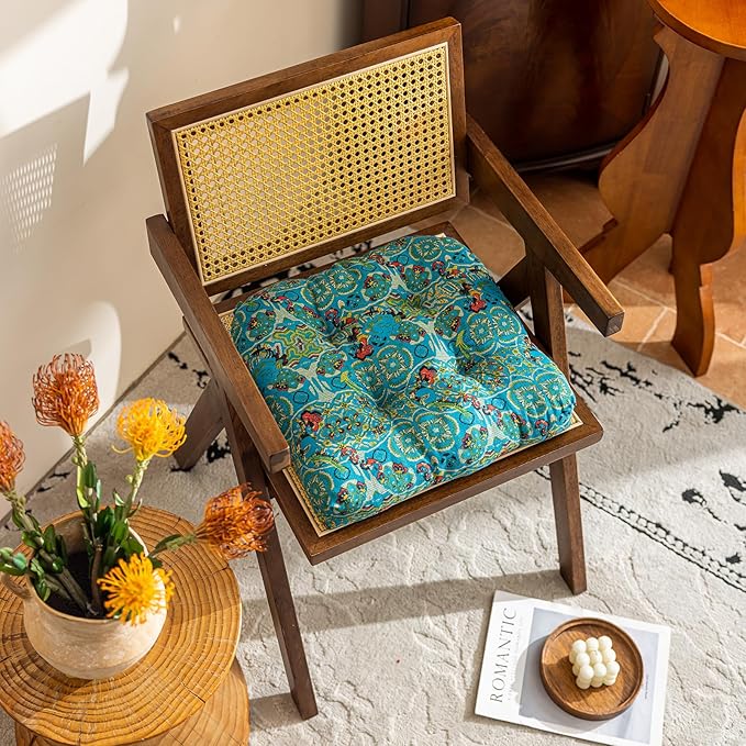 vctops Boho Geometric Chair Cushions with Ties U-Shaped Soft Cozy Cotton Linen Chair Pads Non Slip Seat Cushions for Indoor Dining Room and Kitchen Chairs (Turquoise,18"x18")