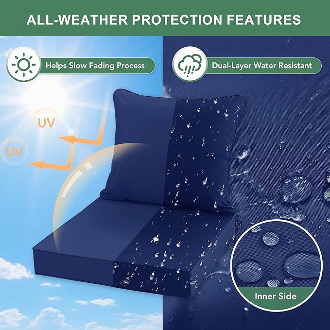 Summsun Outdoor Chair Cushions Set of 4, Waterproof Backrest and Deep Seat Cushion Set for Patio Furniture, Outdoor Replacement Cushions with Removable Cover, 22 x 22 Inch, Navy