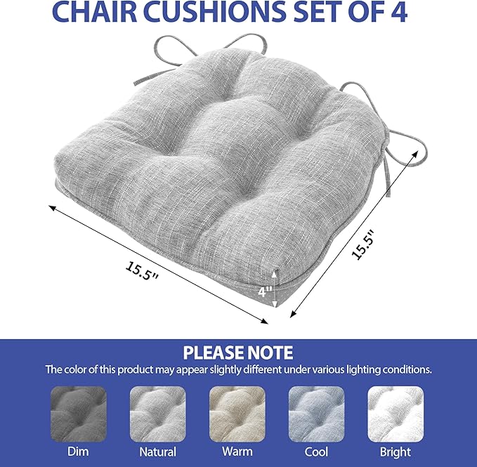 IPYNBAP Chair Cushions for Dining Chairs Set of 4, Kitchen Chair Cushions, Chair Pads with Ties and Non Slip Backing, Tufted Memory Foam Seat Cushion 4 Pack, 15.5" x 15.5" x 4", Light Gray
