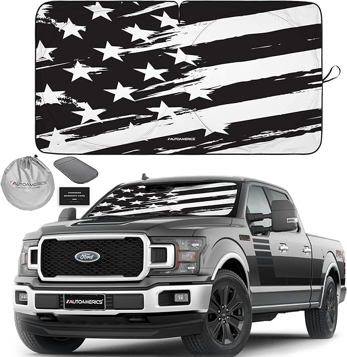 Autoamerics Truck Windshield Sun Shade with Storage Pouch & Anti-Slip Dash Pad - Foldable B&W Art USA Flag Design - Fits Most SUVs & Trucks - Block UV Rays and Keeps Vehicle Cool | XL (66 x 36 inches)