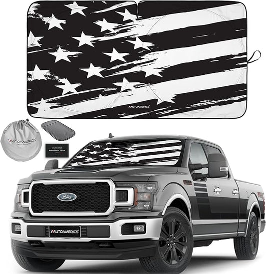 Autoamerics Truck Windshield Sun Shade with Storage Pouch & Anti-Slip Dash Pad - Foldable B&W Art USA Flag Design - Fits Most SUVs & Trucks - Block UV Rays and Keeps Vehicle Cool | XL (66 x 36 inches)