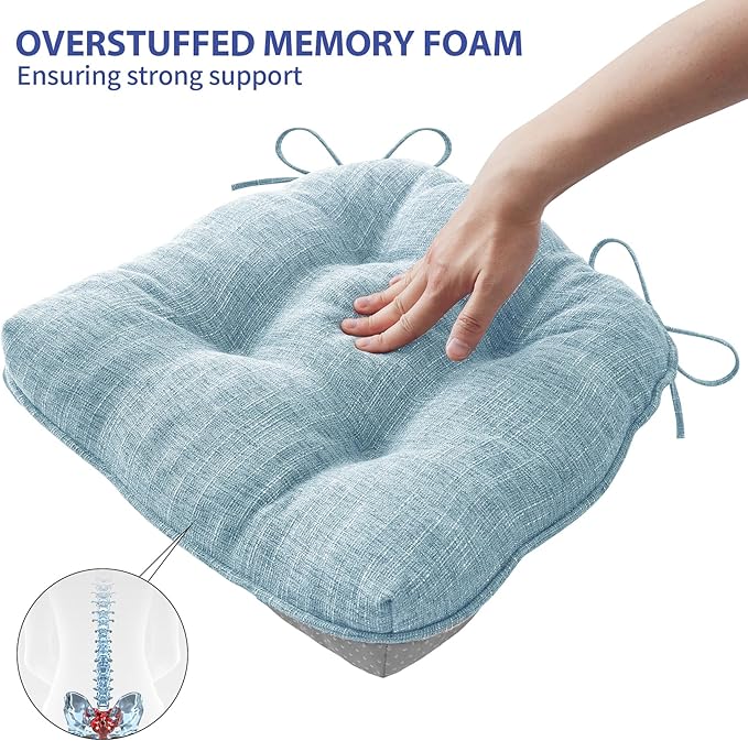 IPYNBAP Chair Cushions for Dining Chairs Set of 4, Kitchen Chair Cushions, Chair Pads with Ties and Non Slip Backing, Tufted Memory Foam Seat Cushion 4 Pack, 15.5" x 15.5" x 4", Baby Blue