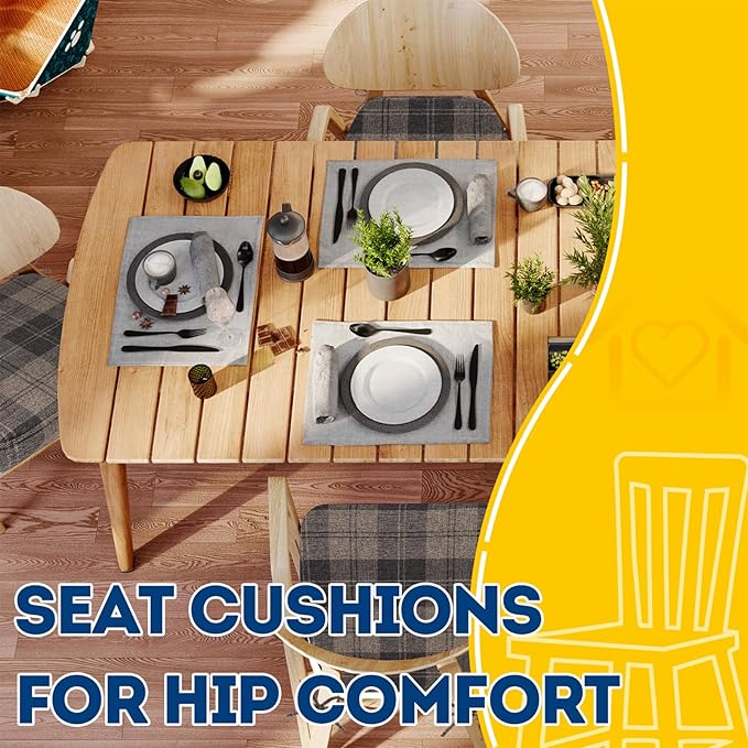 AAAAAcessories D-Shaped Chair Cushions, 2" Thick Dining Chair Pads with Ties and Removable, Machine-Washable Cover, 17" x 16", Set of 4, Brown Checkered