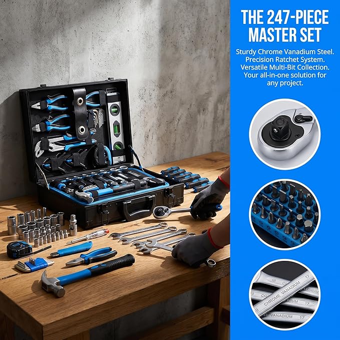 247-Piece Mechanics Tool Set, CR-V Socket Wrench Set in Heavy-Duty Aluminum Case, Complete Automotive Repair & Handyman Tool Kit for Men, Workshop, & Machinery, Blue