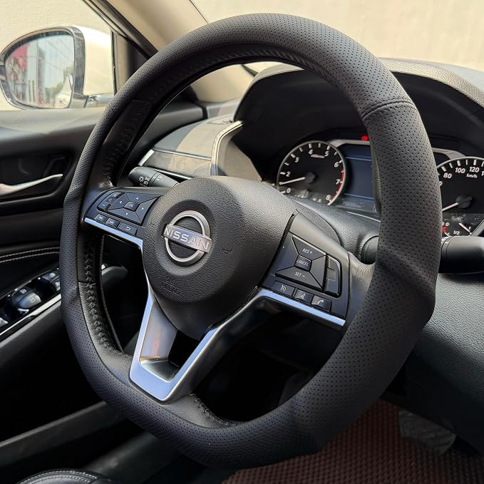 PINCTROT D Shaped Nappa Leather Steering Wheel Cover with Ergonomic Palm Support Grip, Full Perforated Breathable, Slim Fit No Bulk Design, Flat Bottom 14.5-15 Inch (Black)