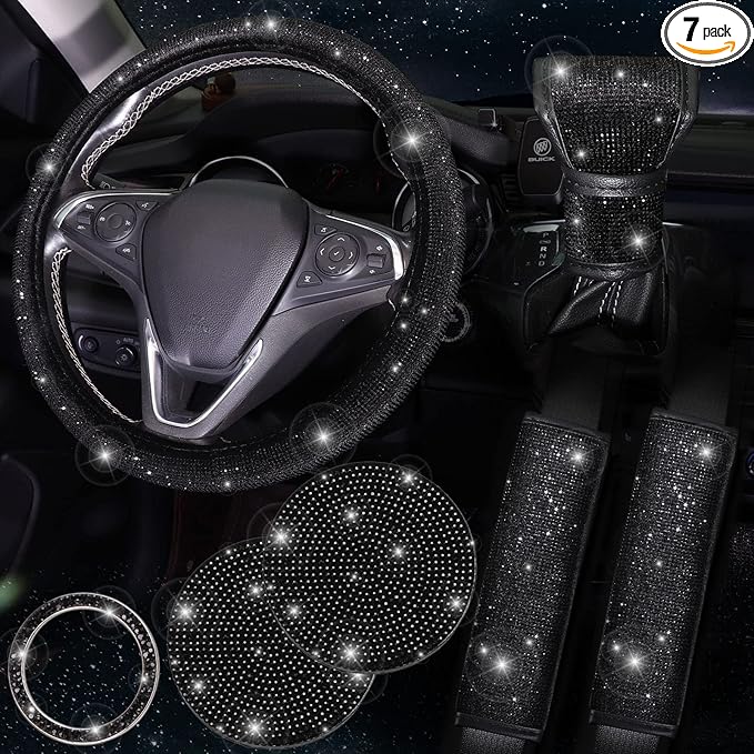 7 Pack Black Bling Car Accessories Set,Crystal Diamond Car Accessories for Women Girl 15 inch,Seat Belt Covers,Bling Gear Shift Cover,Push Start Button Ring, Cup Coaster,Black