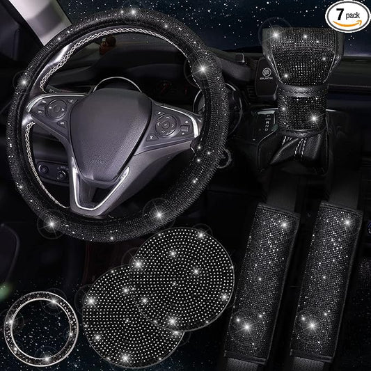 7 Pack Black Bling Car Accessories Set,Crystal Diamond Car Accessories for Women Girl 15 inch,Seat Belt Covers,Bling Gear Shift Cover,Push Start Button Ring, Cup Coaster,Black