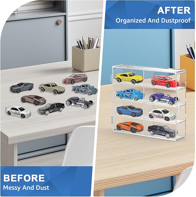 1/64 Scale Toy Cars Display Case for Matchbox Hot Wheels Hold 32 Toy Cars Storage Case Organizer Box Wall Display Clear Model Car Case Holder Container Shelf 6.5 X 7.5 X 1.6 Inch 4 Pack