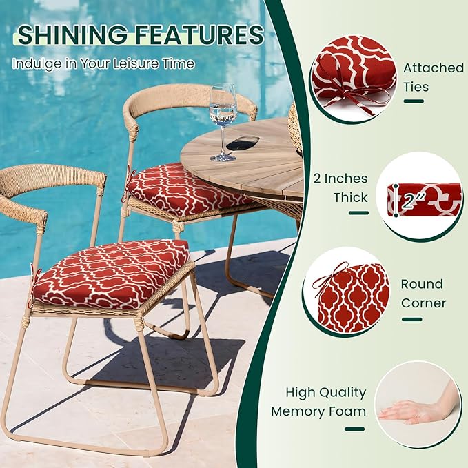 HARBOREST Outdoor Chair Cushions Set of 4, Water Resistant Patio Chair Cushions with Ties, Outdoor Seat Cushions for Patio Furniture, 17"x16"x2", Wine Red Geometry